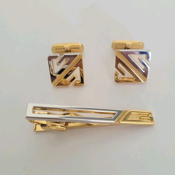 Givenchy G French Tie Bar Clip Cufflinks Set Gold Silver Tone Logo Geometric - Picture 1 of 8